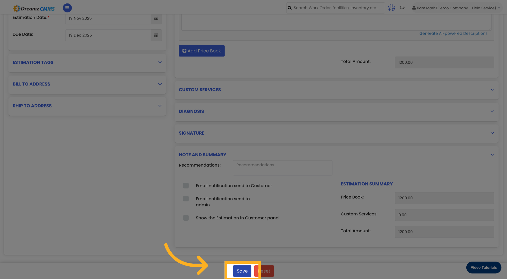 Save Estimate Changes