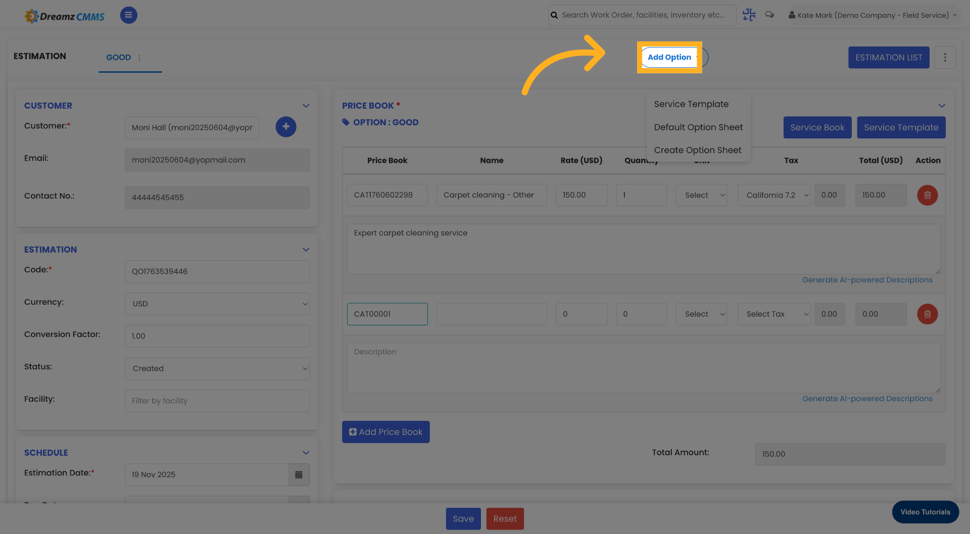 Add Option To Price Book