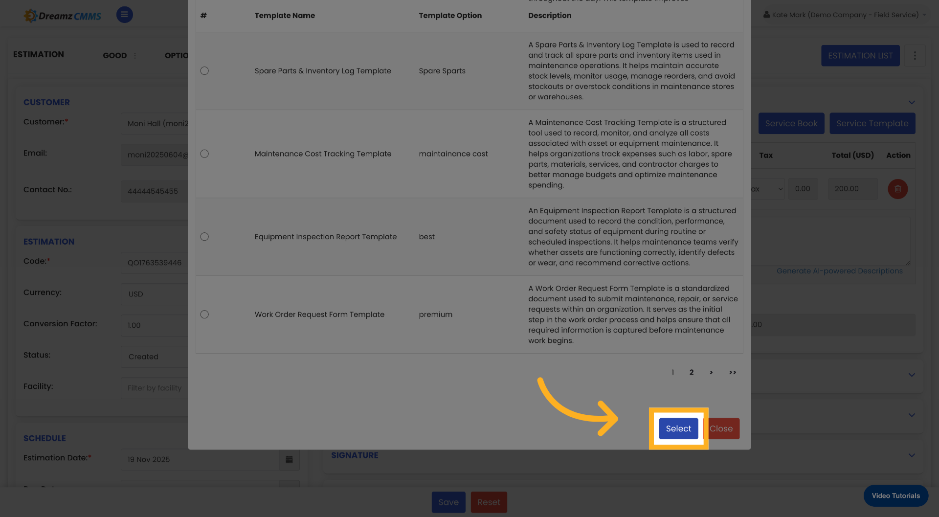 Confirm Template Selection