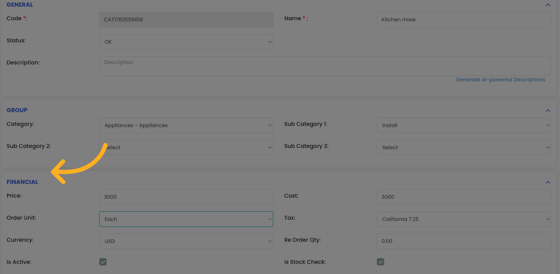 Fill up the financial tab with the details