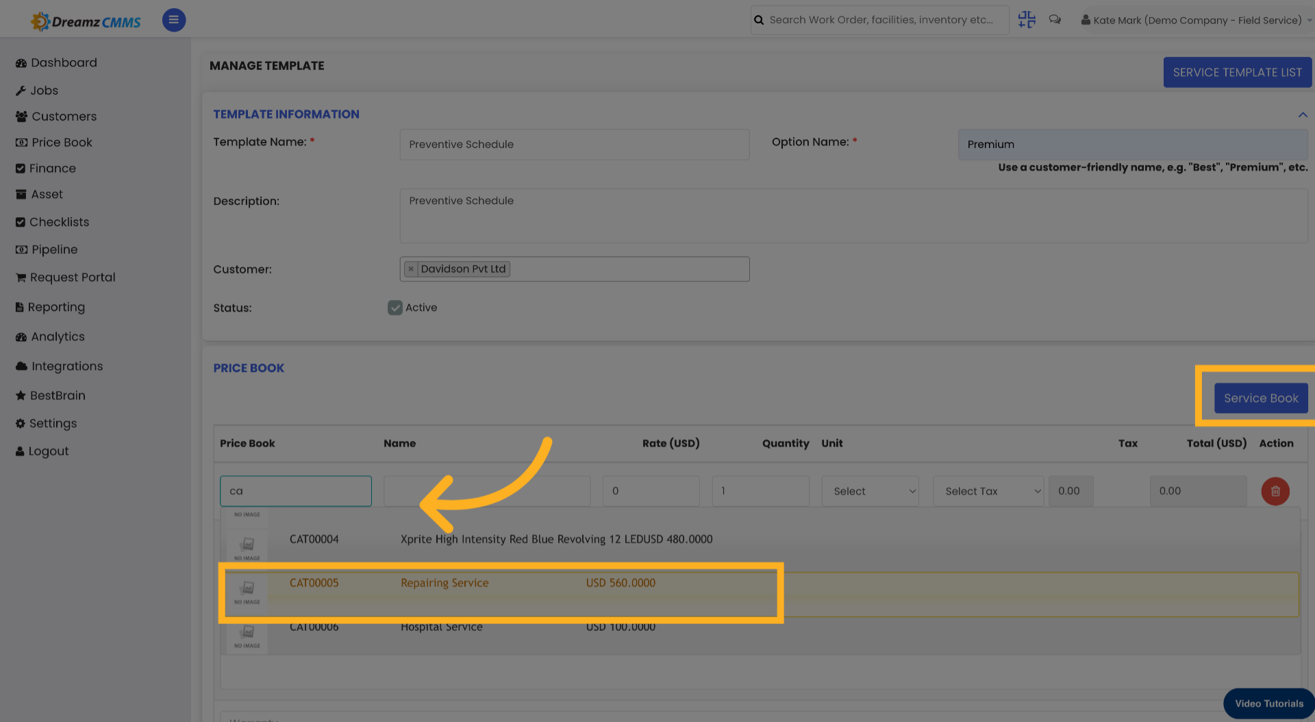 Click "CAT00005 Repairing Service