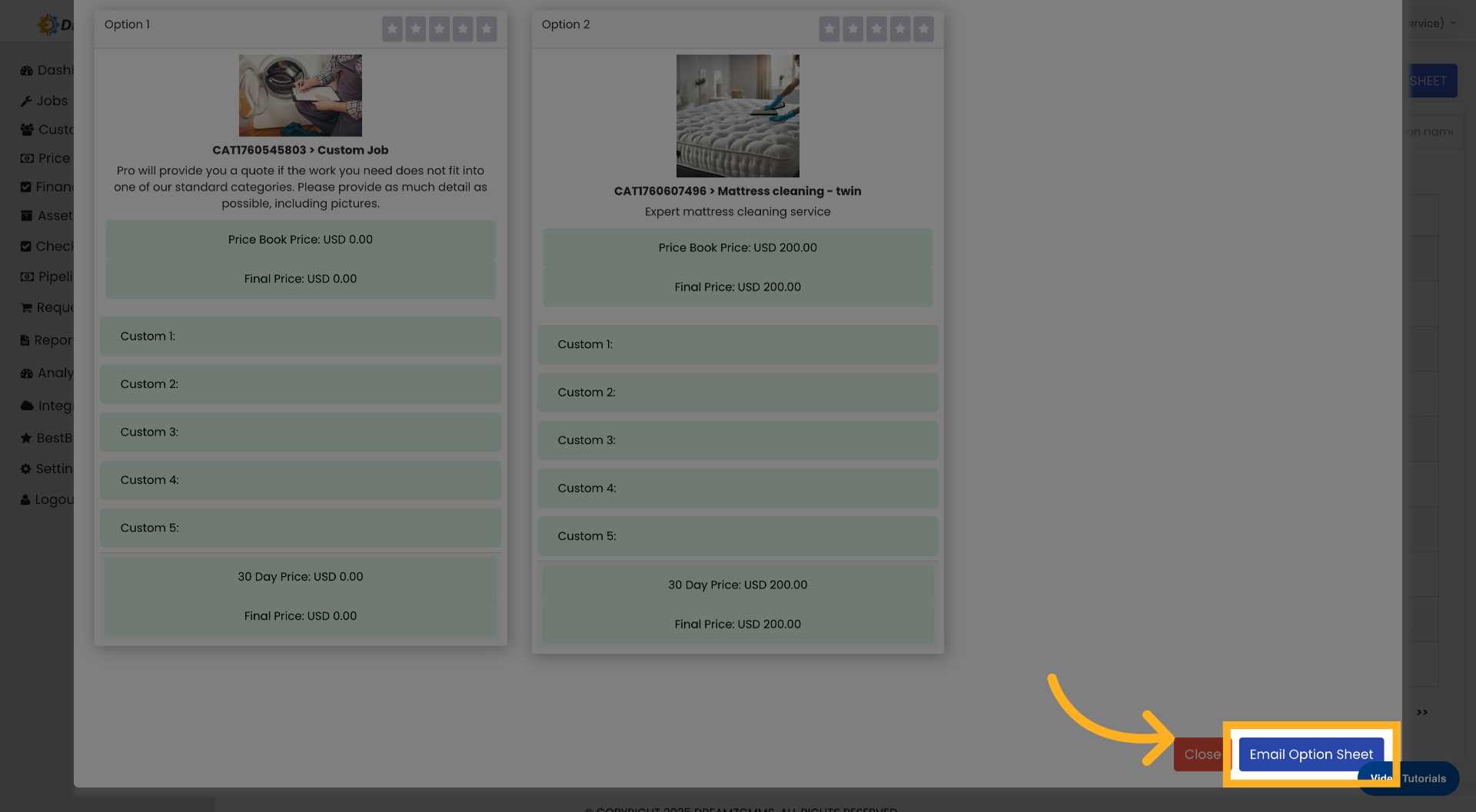 Select Email Option Sheet
