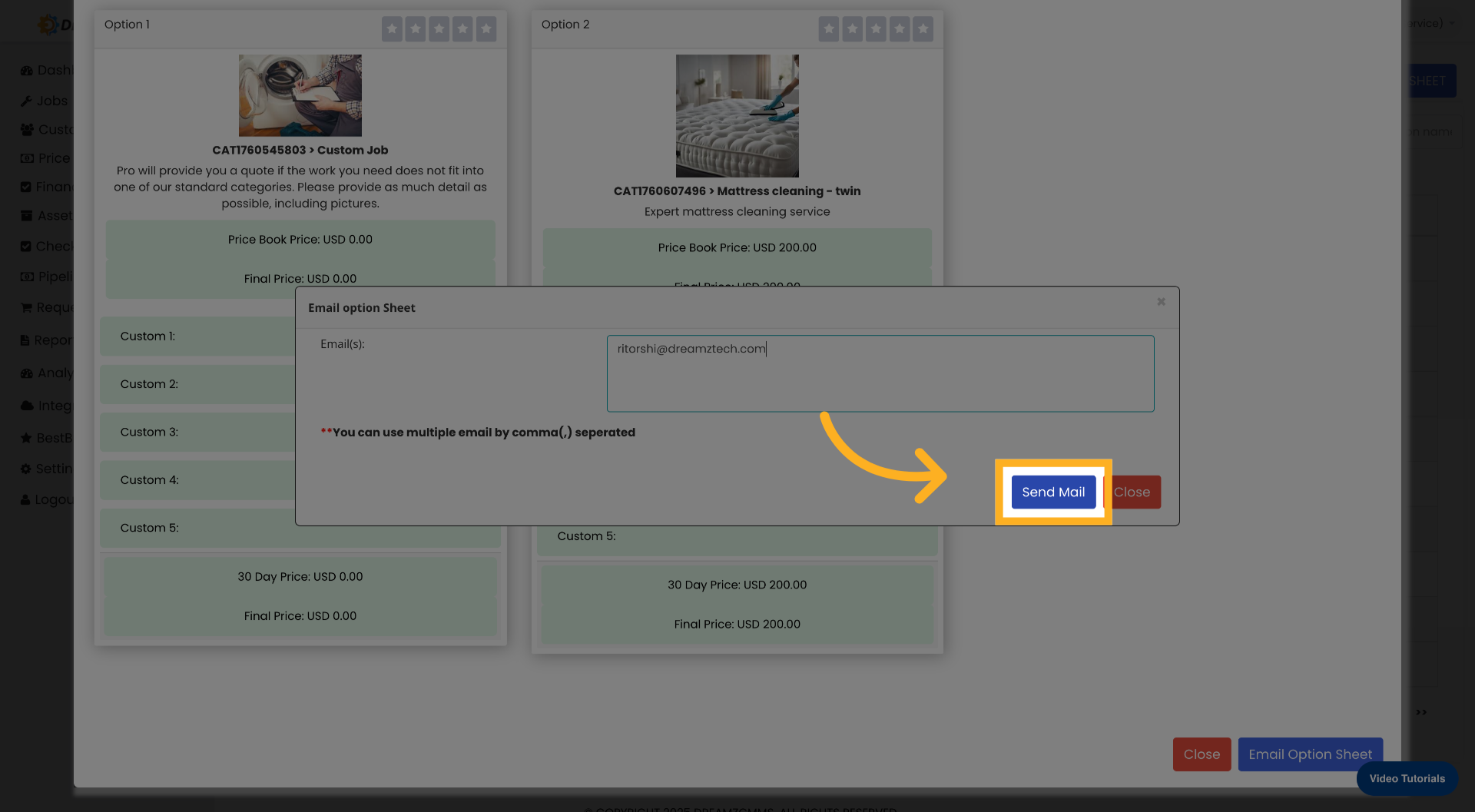 Send Option Sheet Email