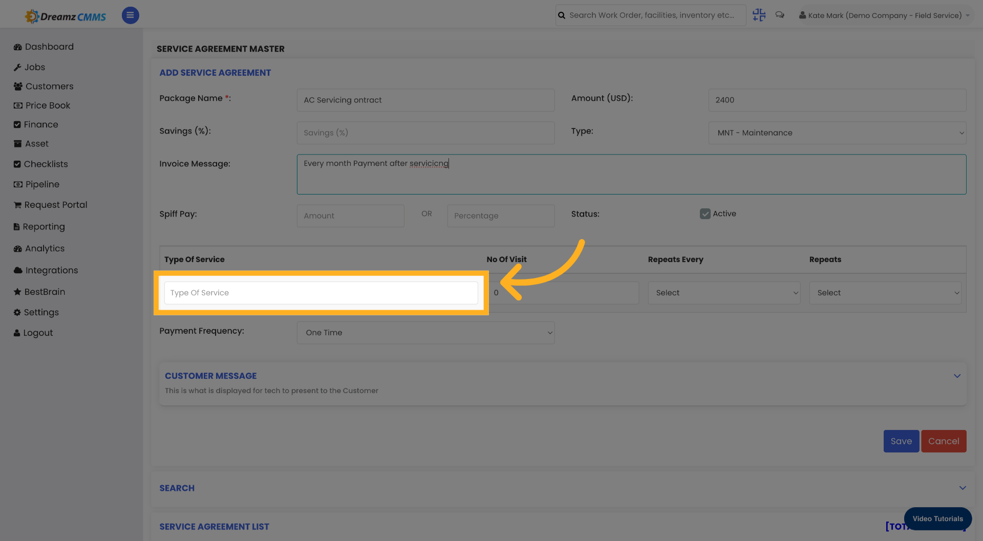 Select Type Of Service Field