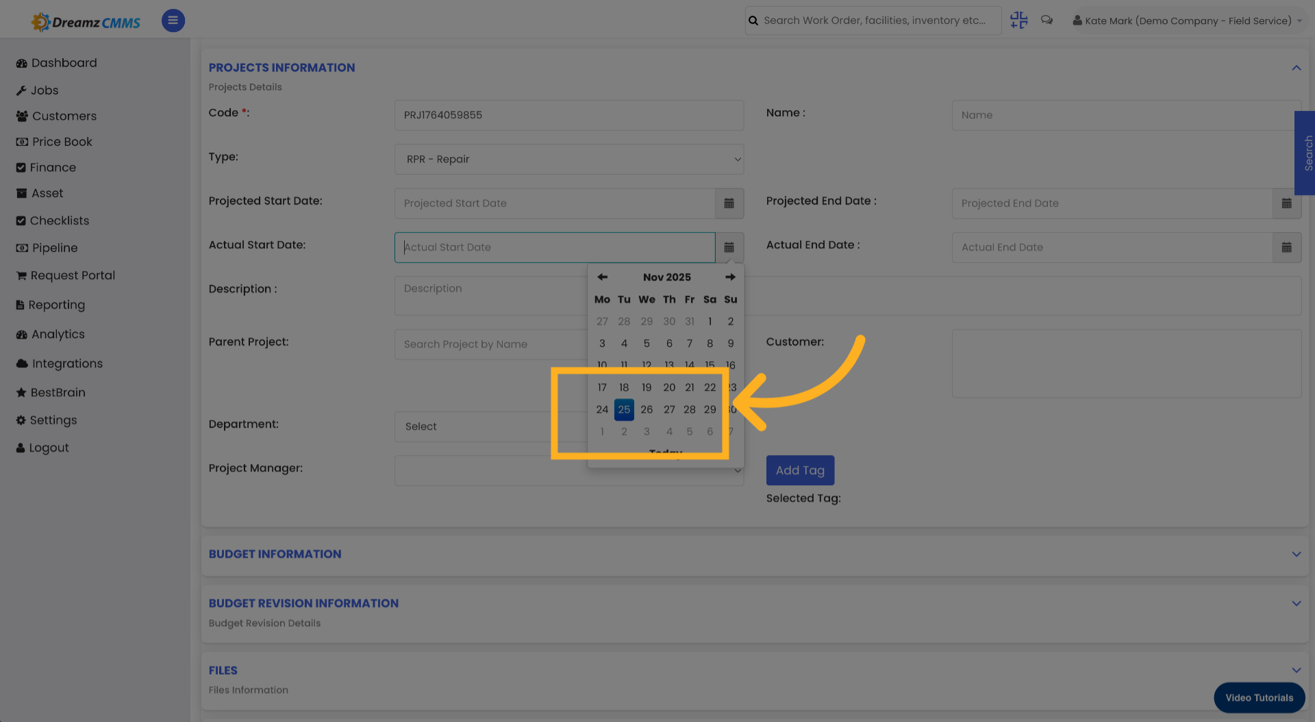 Choose Actual Start Date