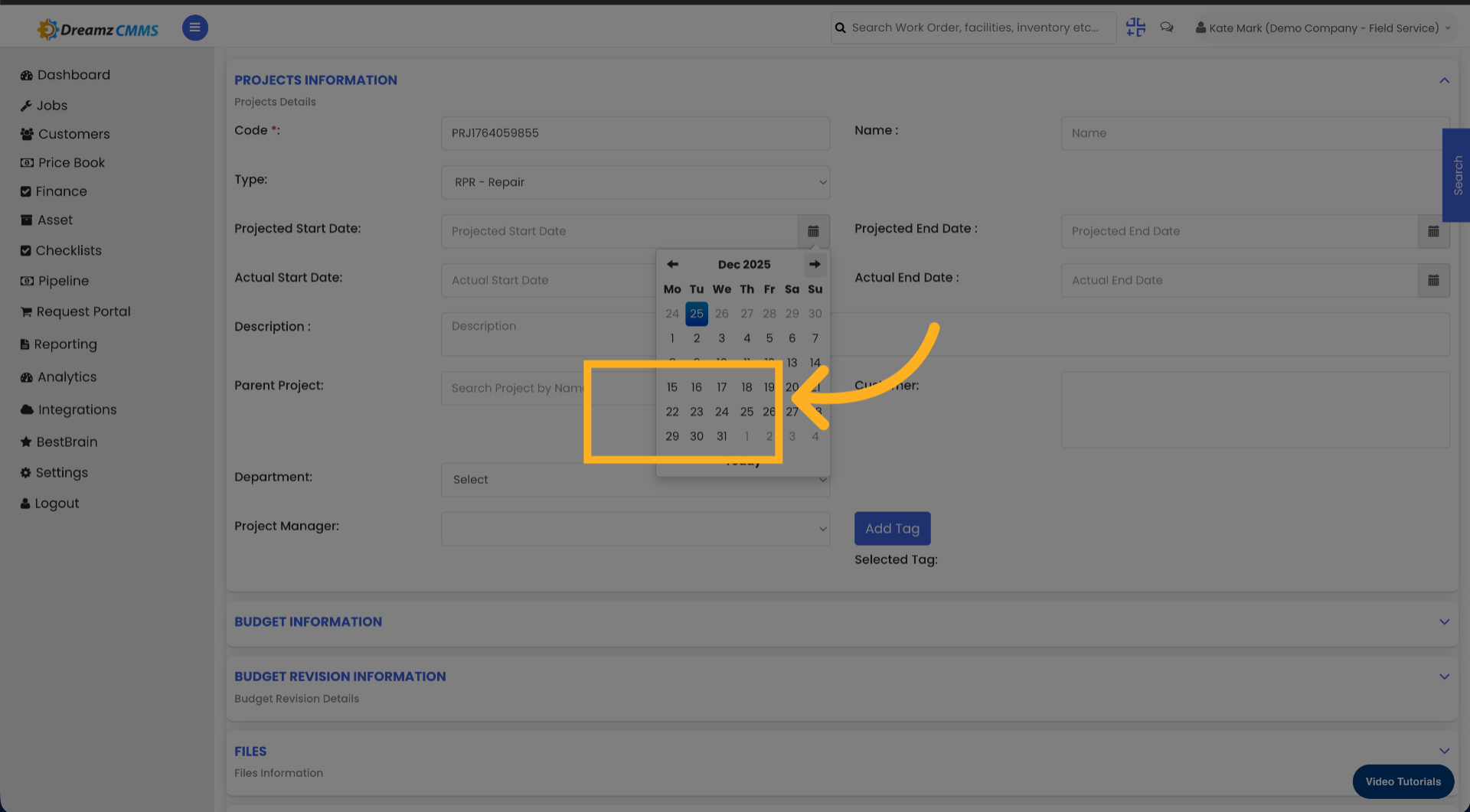 Choose Projected Start Date