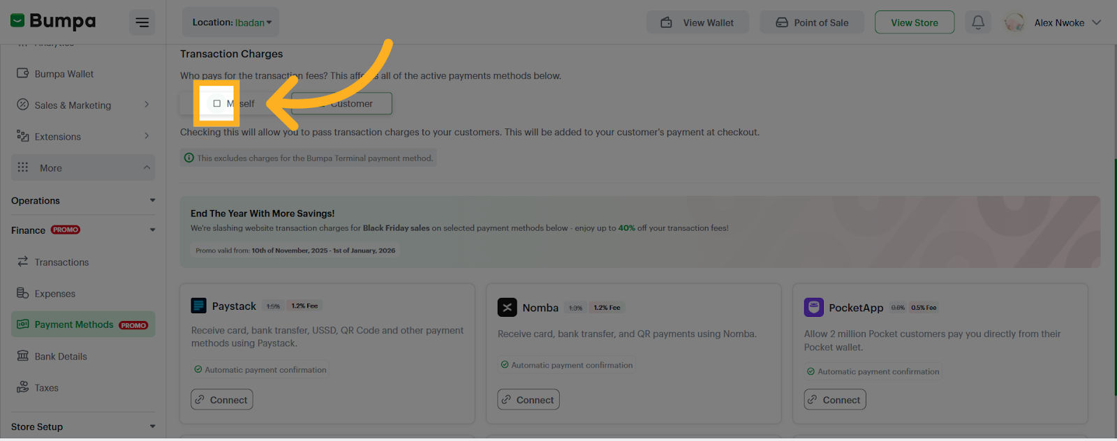Proceed to select your preferred option for the transaction charges
