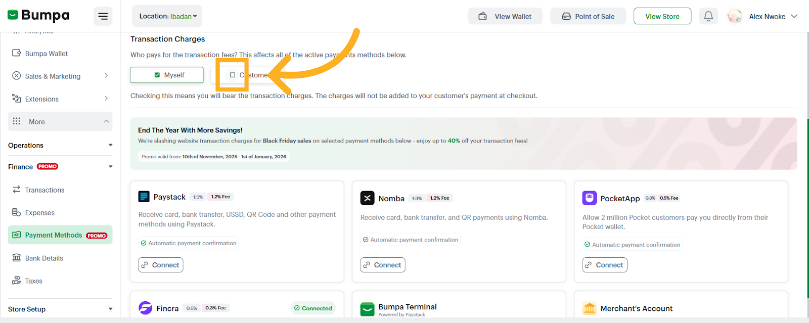 Proceed to select your preferred option for the transaction charges