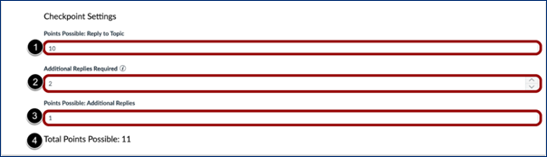 Checkpoint Settings, Points Possible: Reply to Topic [1], Additional Replies Required [2], Points Possible: Additional Replies [3], Total Points Possible [4]
