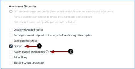 1 - Graded [checked], 2 - Assign graded checkpoints [unchecked]