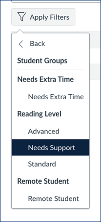 Canvas Gradebook filter dropdown expanded under “Student Groups,” showing Differentiation Tags: “Needs Extra Time,” “Reading Level” (with “Advanced,” “Needs Support” highlighted, and “Standard”), and “Remote Student.”