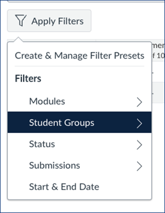 Canvas Gradebook filter menu with “Student Groups” selected under the Filters section. Other filter options include Modules, Status, Submissions, and Start & End Date.