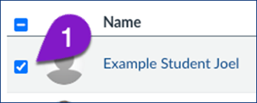 Row from a Canvas course “People” list showing a selected checkbox next to the user “Example Student Joel.” A purple label marked “1” points to the profile icon beside the student’s name.