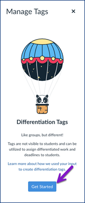 anvas “Manage Tags” screen displaying an illustration of a panda in a hot air balloon, with a title “Differentiation Tags,” explanatory text about tag use, and a blue “Get Started” button highlighted by a purple arrow.