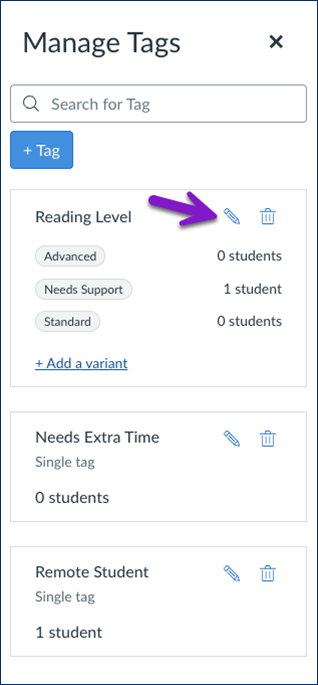 Canvas “Manage Tags” panel showing three tags: a tag set “Reading Level” with variants “Advanced,” “Needs Support” (assigned to 1 student), and “Standard,” plus single tags “Needs Extra Time” and “Remote Student.” A purple arrow points to the pencil (edit) icon next to the “Reading Level” tag set.