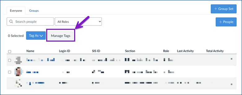Screenshot of the Canvas “People” page showing student information rows and a highlighted “Manage Tags” button, indicated by a purple arrow and box.