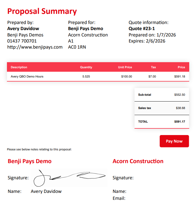 Quote template with Pay Now button