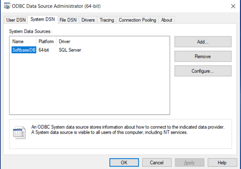 The image displays the ODBC Data Source Administrator interface, featuring various options such as User DSN, System DSN, File DSN, and Tracing, along with a section for System Data Sources, including details on a specific data source named SoftbaseDB.

AI-generated content may be incorrect.