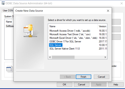 The image shows the ODBC Data Source Administrator interface with various options to set up a new data source, including drivers for Microsoft Access, Excel, SQL Server, and SQL Server Native Client.

AI-generated content may be incorrect.