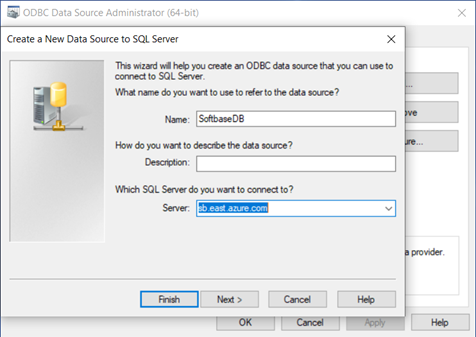 The image shows the ODBC Data Source Administrator wizard, where the user is in the process of creating a new data source to connect to SQL Server, with fields to input the data source's name and description.

AI-generated content may be incorrect.