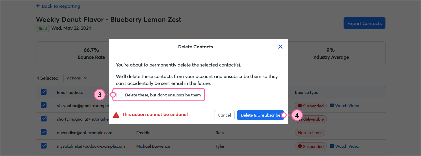 Delete Contacts overlay, Delete these, but don't unsubscribe them option, and Delete & Unsubscribe button