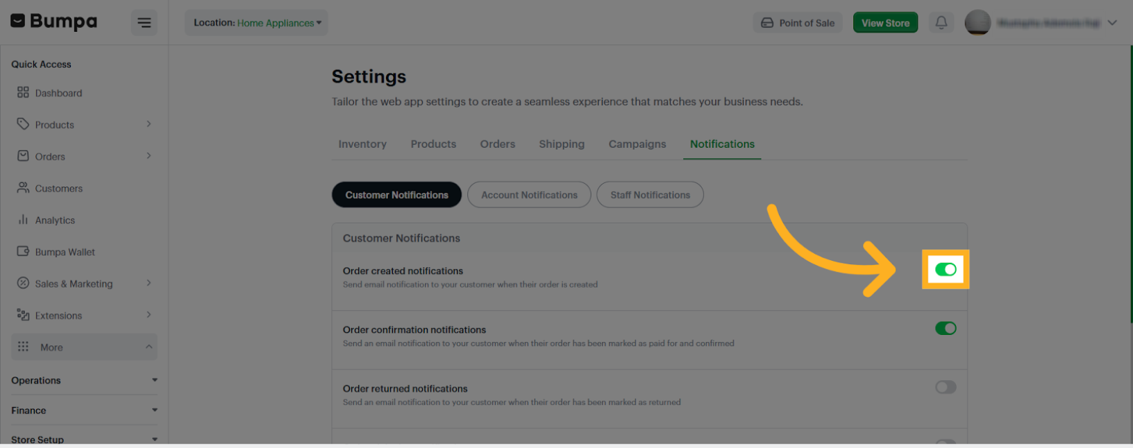 Enable Customer Notification Setting