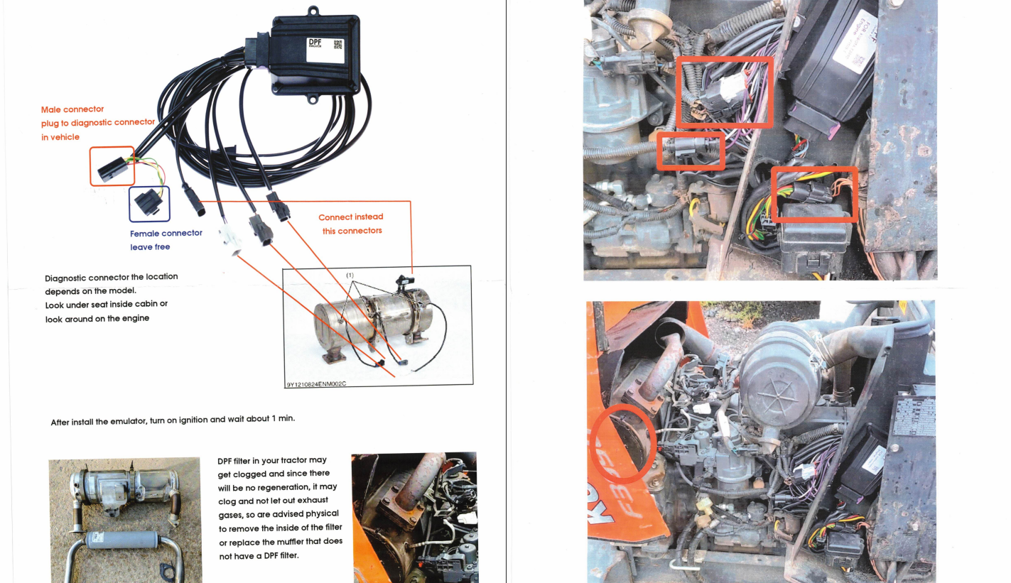 Kubota emulator chip installation diagram showing diagnostic connector and engine-side connector locations