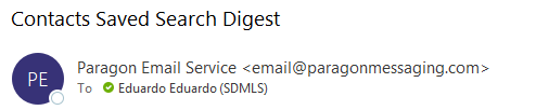 Contacts Saved Search Digest email header, sent from Paragon Email Service to Eduardo Eduardo at SDMLS