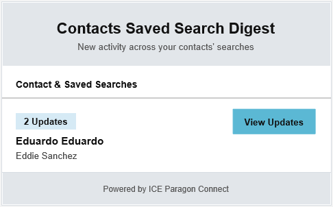 Contacts Saved Search Digest showing 2 Updates for contact Eduardo Eduardo, Eddie Sanchez, with a View Updates button, powered by ICE Paragon Connect
