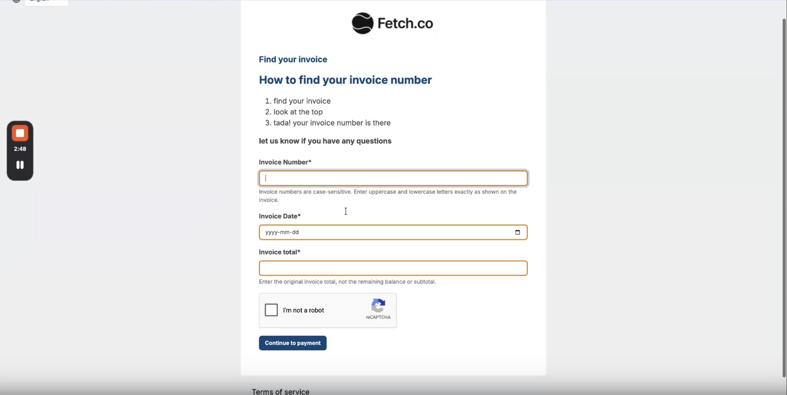 Invoice verification form shown to customers
