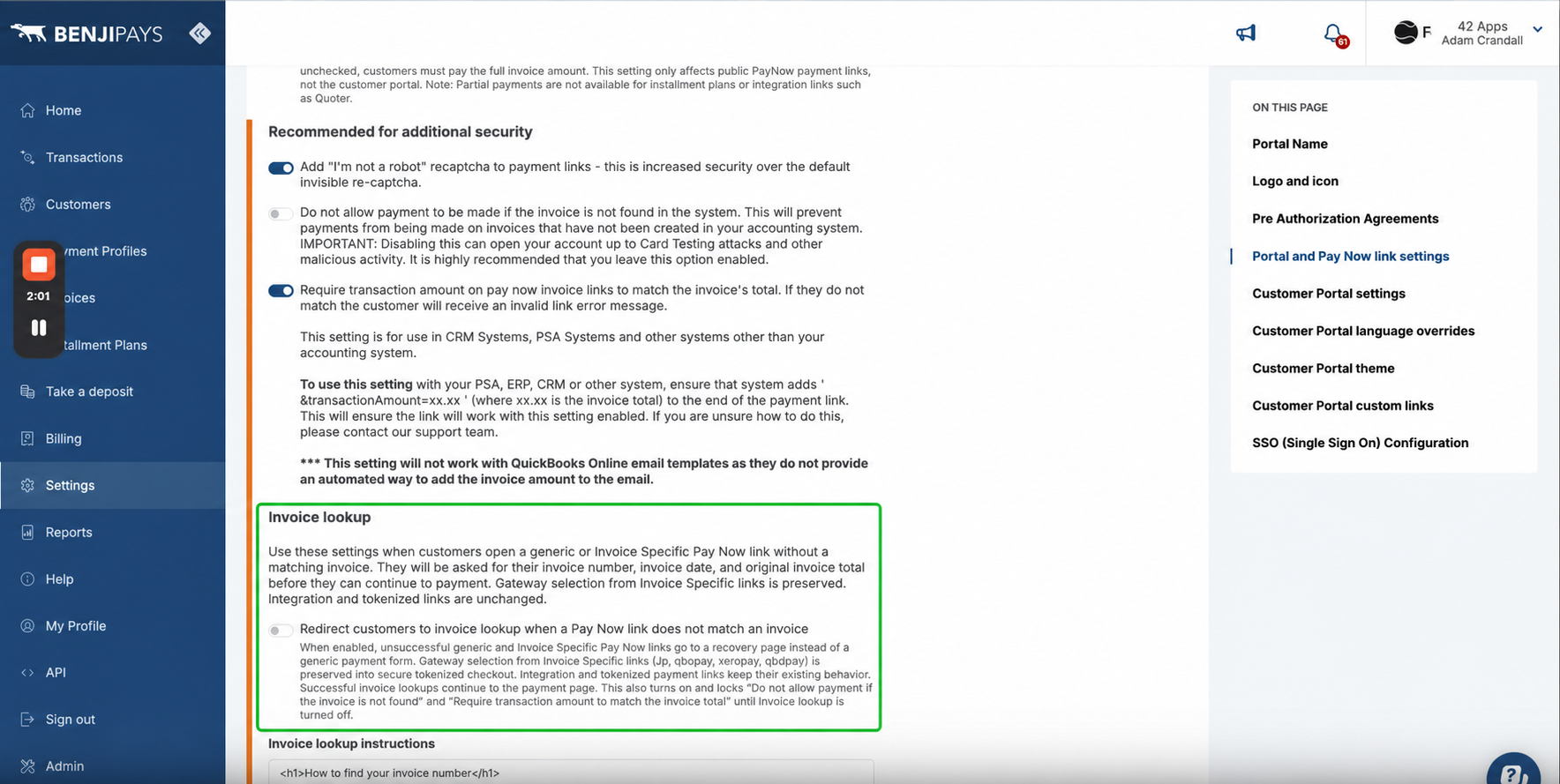 Invoice Lookup Recovery settings highlighted in Benji Pays