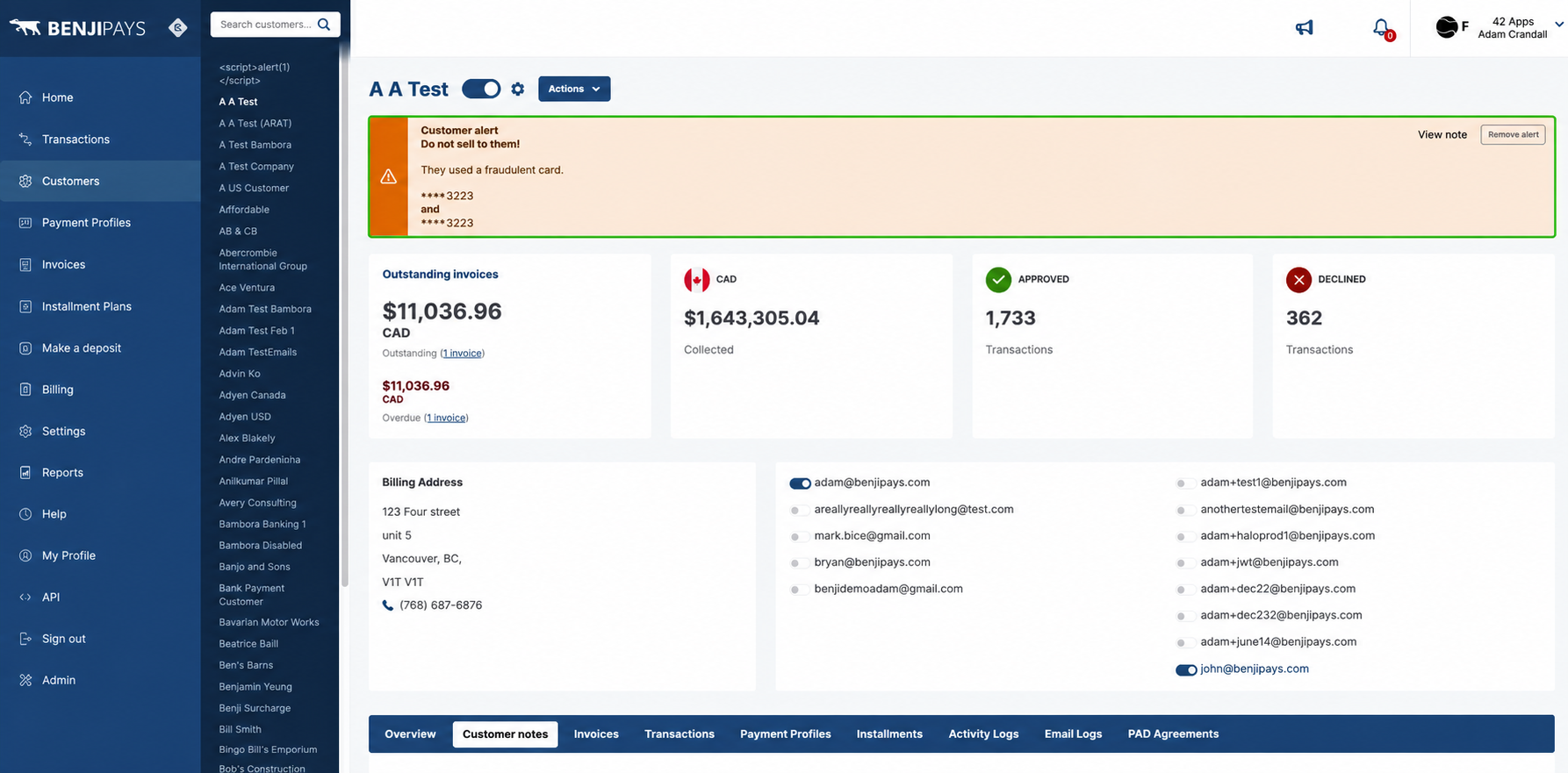 Customer alert shown at the top of the customer page