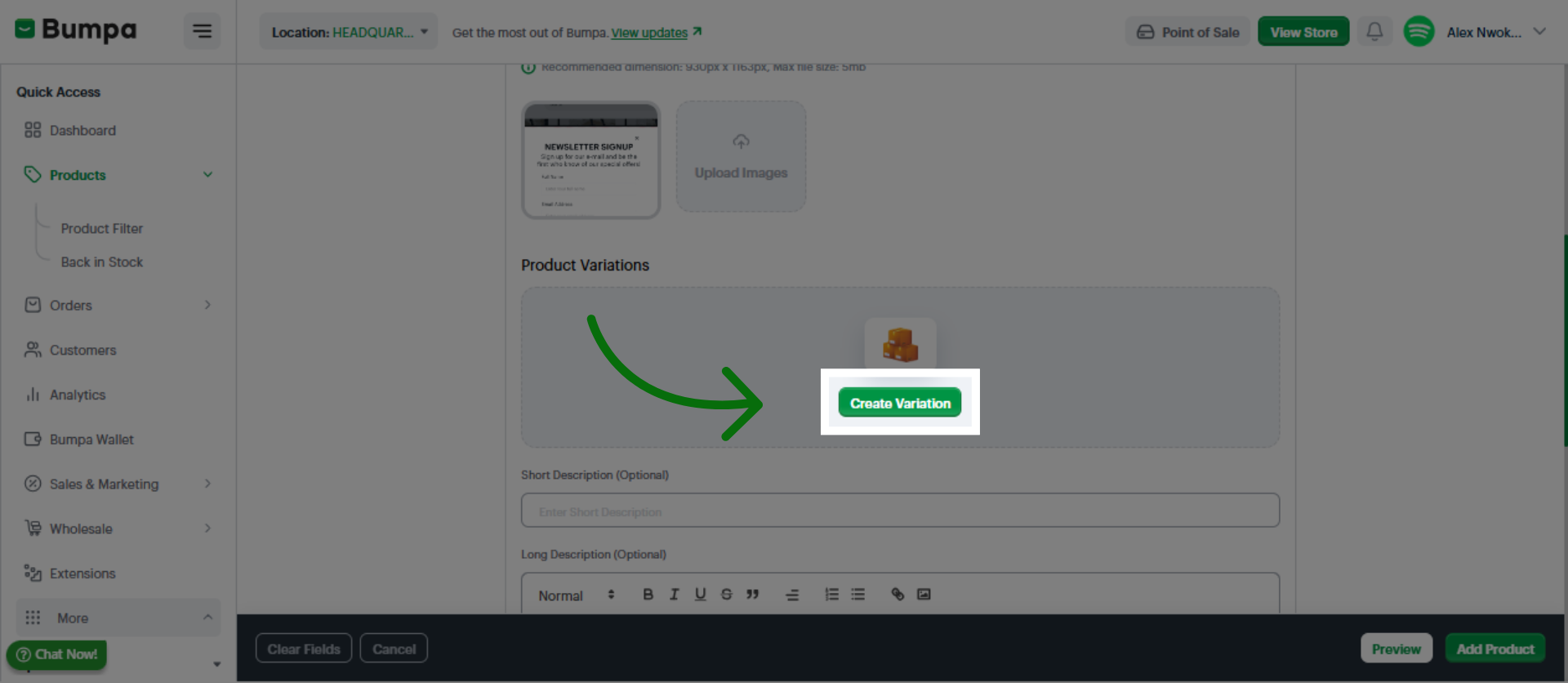 Click Create Product Variation