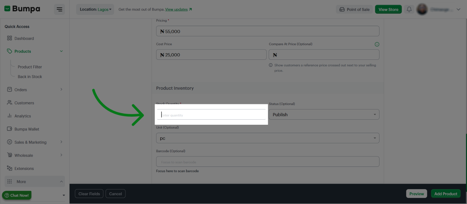 Select Stock Quantity Field