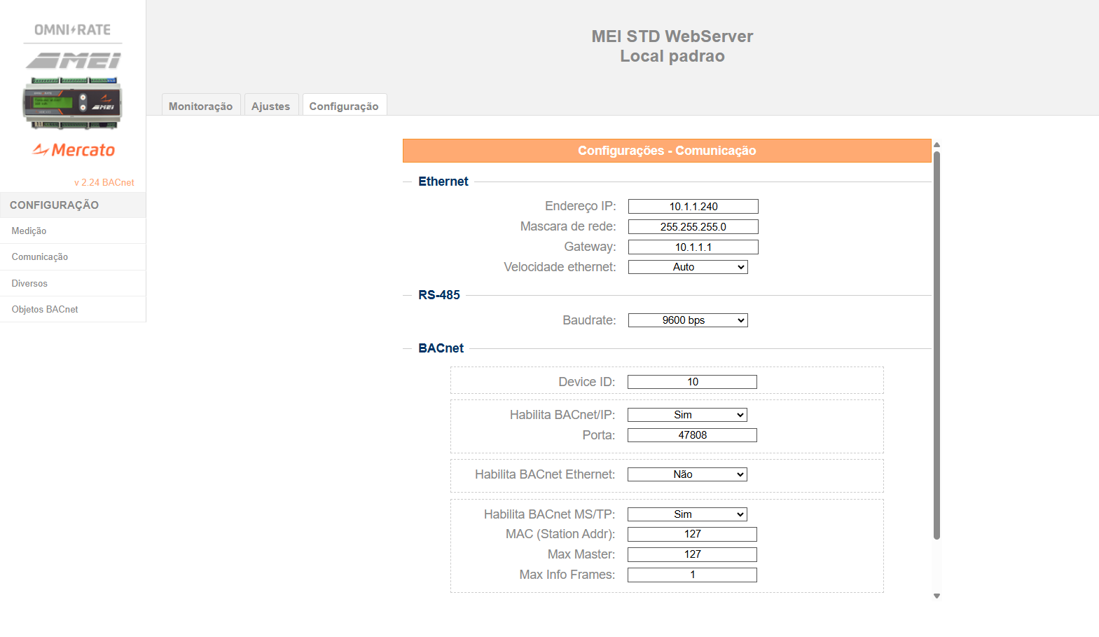 Acesso às configurações de comunicação do MEI pelo WebServer