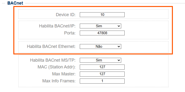 Parâmetros BACnet IP do MEI