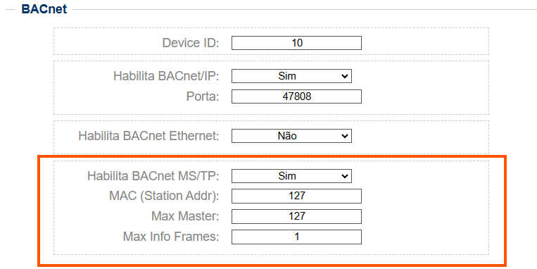 Parâmetros BACnet MS TP do MEI