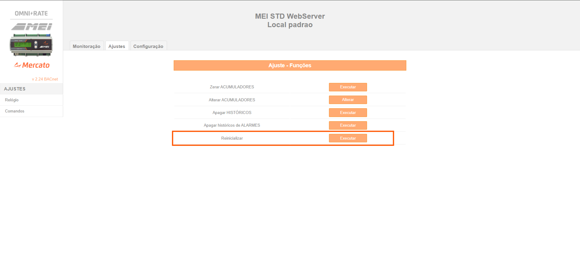 Comando para reinicializar o MEI pelo WebServer