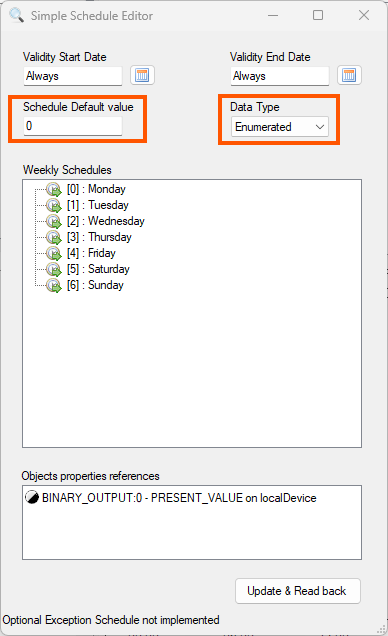 Schedule Default value e Data Type no Simple Schedule Editor