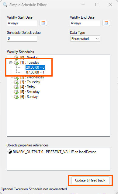 Eventos configurados no Simple Schedule Editor