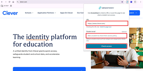 The AccessScan window with the URL, Student email and Check access button outlined