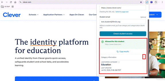 AccessScan results showing the site is allowed, with category information expanded