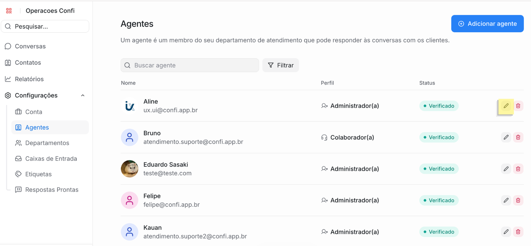 Lista de agentes com ícone de lápis