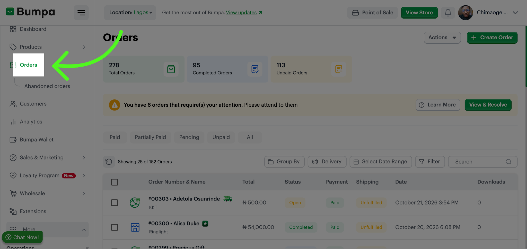 Open Orders Section