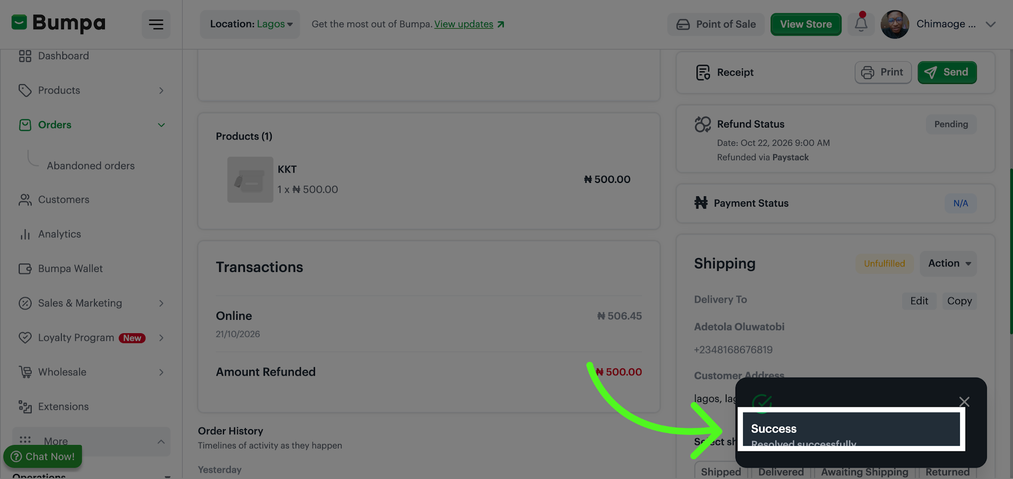 Acknowledge Refund Success