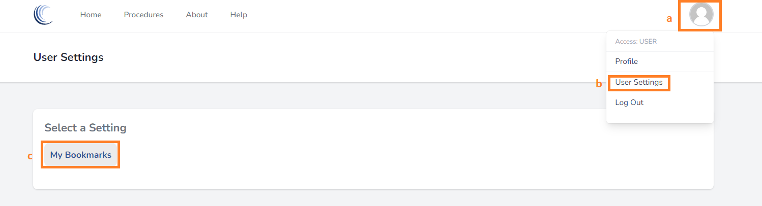Image of User Settings page showing My Bookmarks button