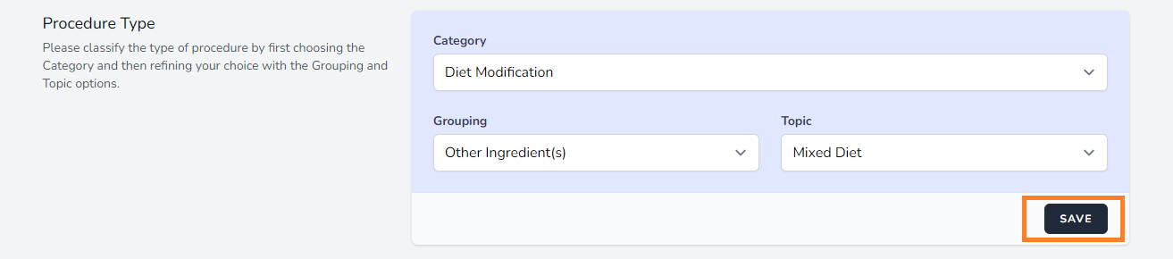 Image of Procedure Type Section with Save button emphasized
