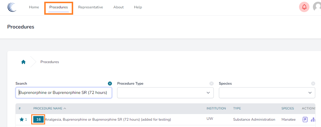 Image of Procedure ID on Procedures page