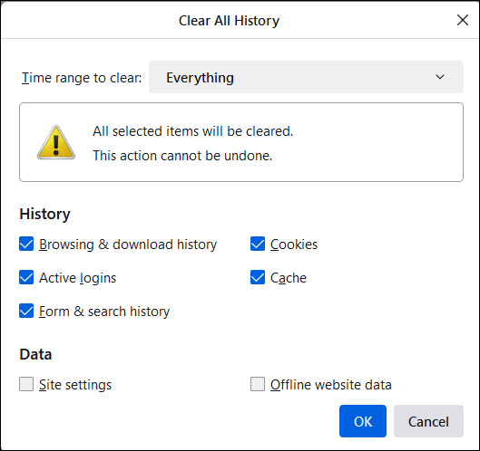 Clear "Everything" to remove your entire search history on Mozilla Firefox. 