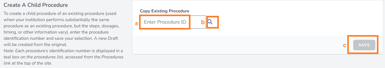 Screenshot of fields for creating a child procedure